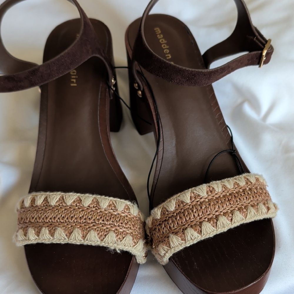 Madden Girl Brown and Cream Braided Block Heel Sandals